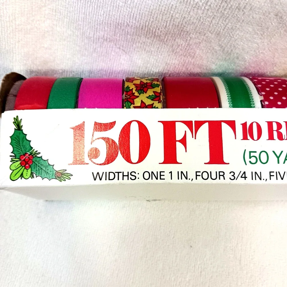 Vintage 1980s Christmas Ribbons 10 Rolls‎ 50 Yards Gift Wrap New in Box!!